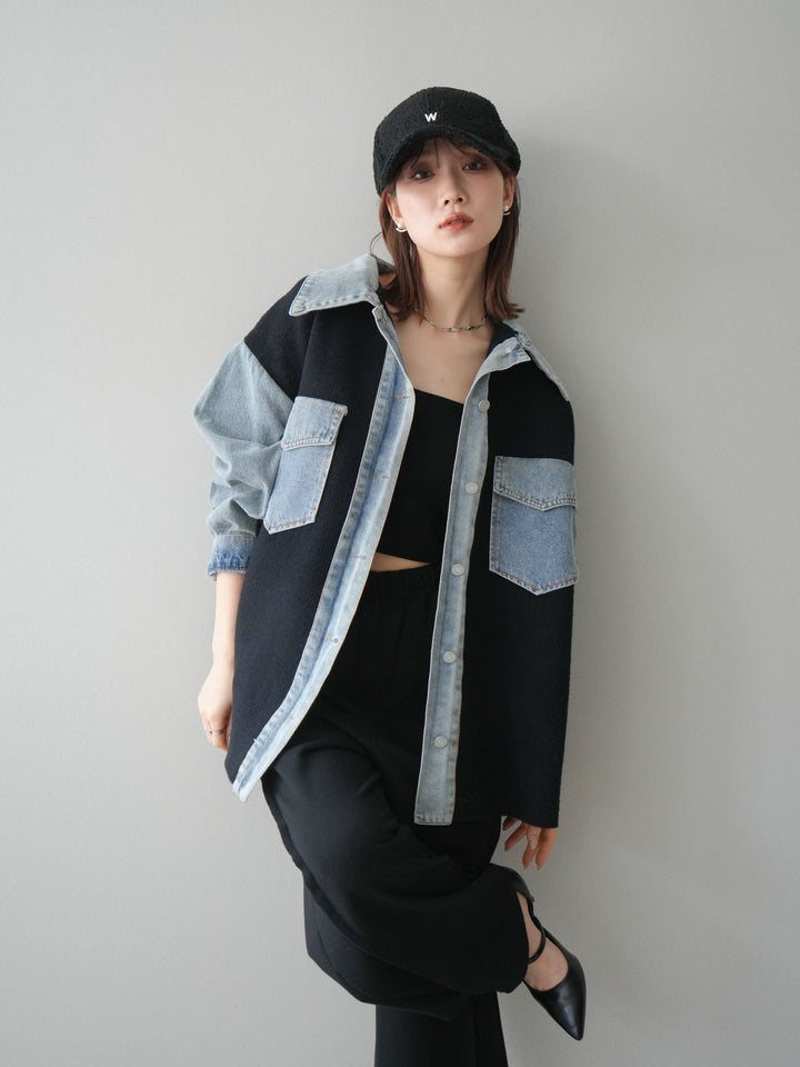 [SET]デニム襟ダブルフェイスニットカーディガン+2WAYデザインスウェットパンツ(2set)