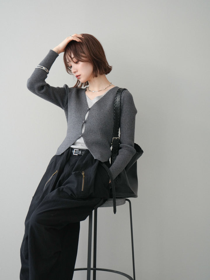 [予約]Vネック配色レイヤードスリットニットトップス/charcoal