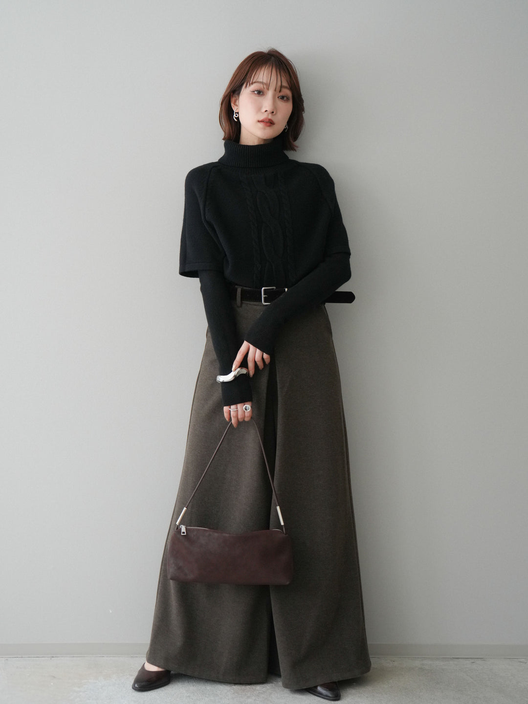 [予約]ベルト付きフロントタックワイドパンツ/brown