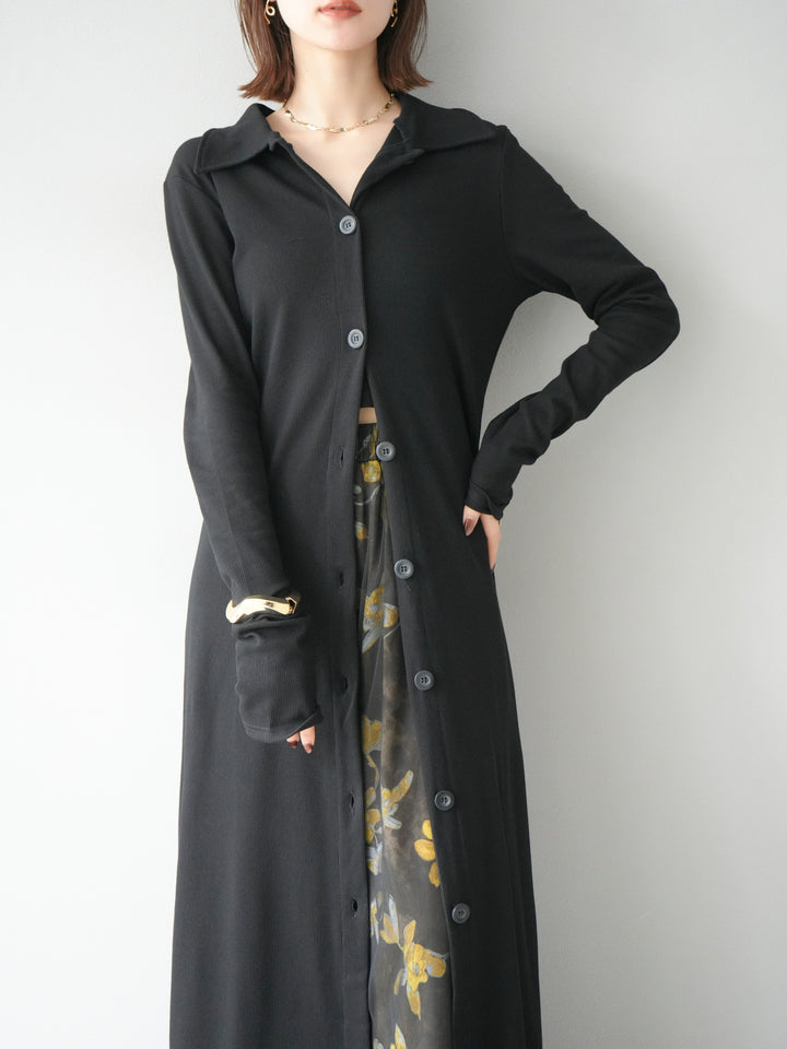 [予約]襟付きカットリブボタンワンピース/ブラック