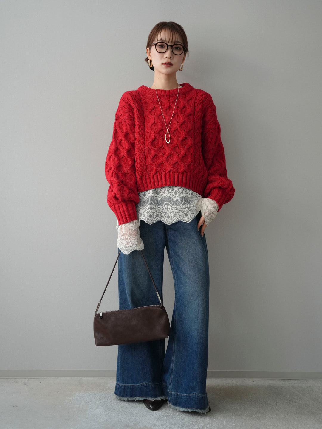 【着回しセット】[SET]バルキーケーブルクロップドニットプルオーバー+アンゴラタッチクルーネックニットプルオーバー+チュールレーストップス(3set)