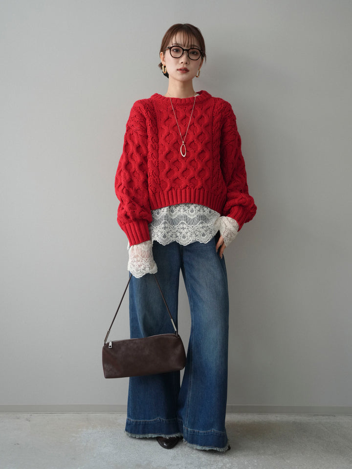 【着回しセット】[SET]バルキーケーブルクロップドニットプルオーバー+アンゴラタッチクルーネックニットプルオーバー+チュールレーストップス(3set)