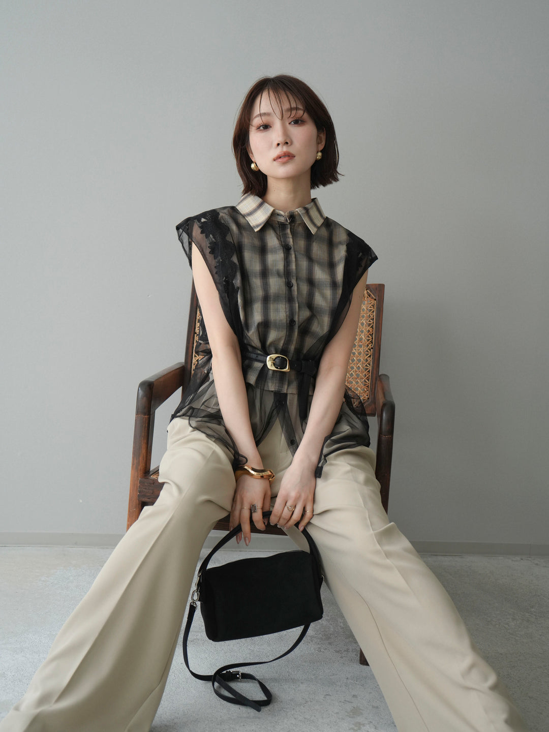[予約]チュールドッキングチェックノースリブラウス/beige