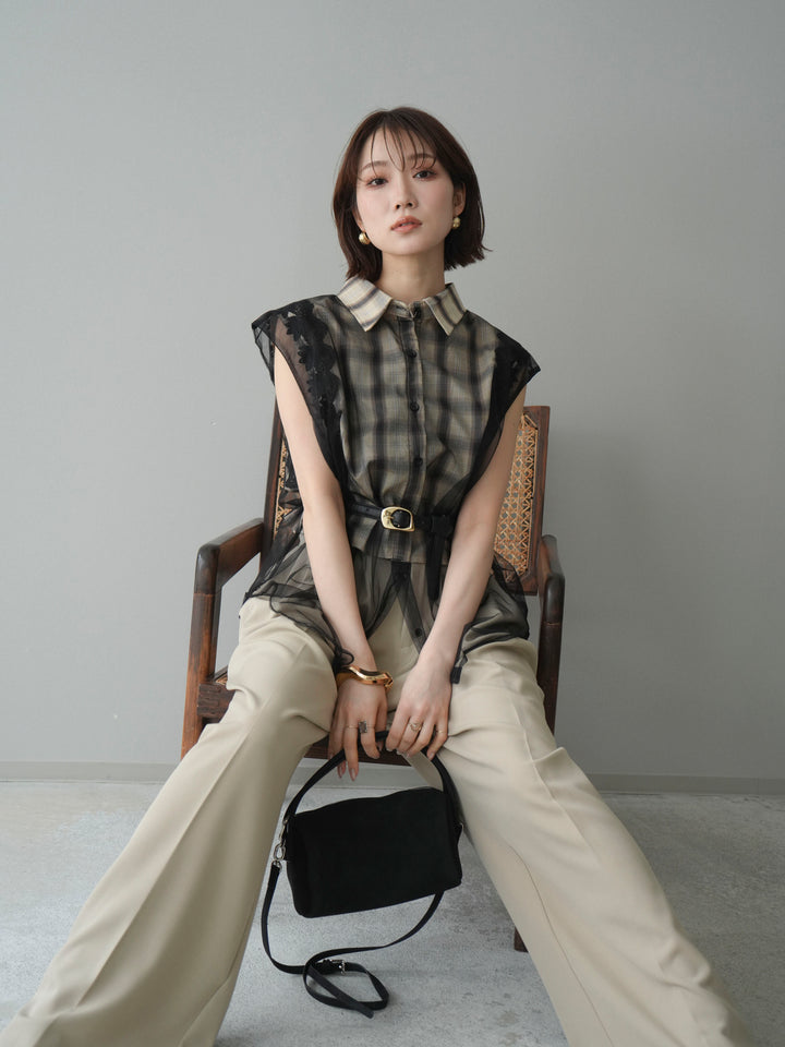 [予約]チュールドッキングチェックノースリブラウス/beige