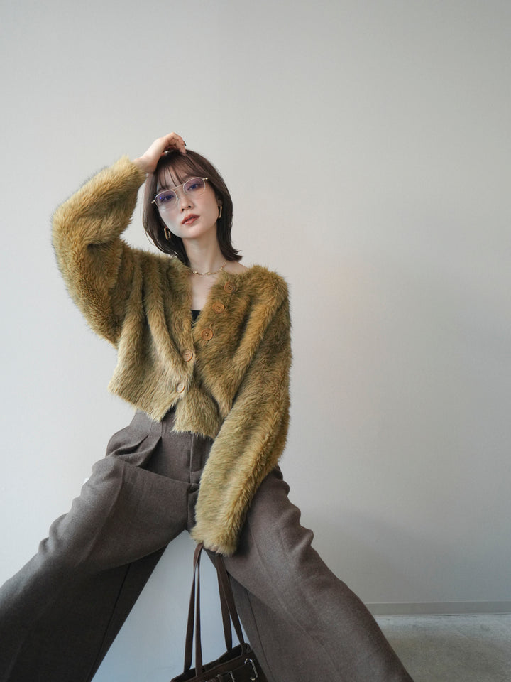 [予約]ミックスシャギーショートニットカーディガン/green