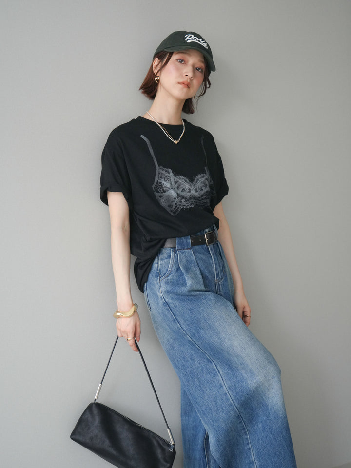 【預購】蕾絲圖案印花T卹/黑色