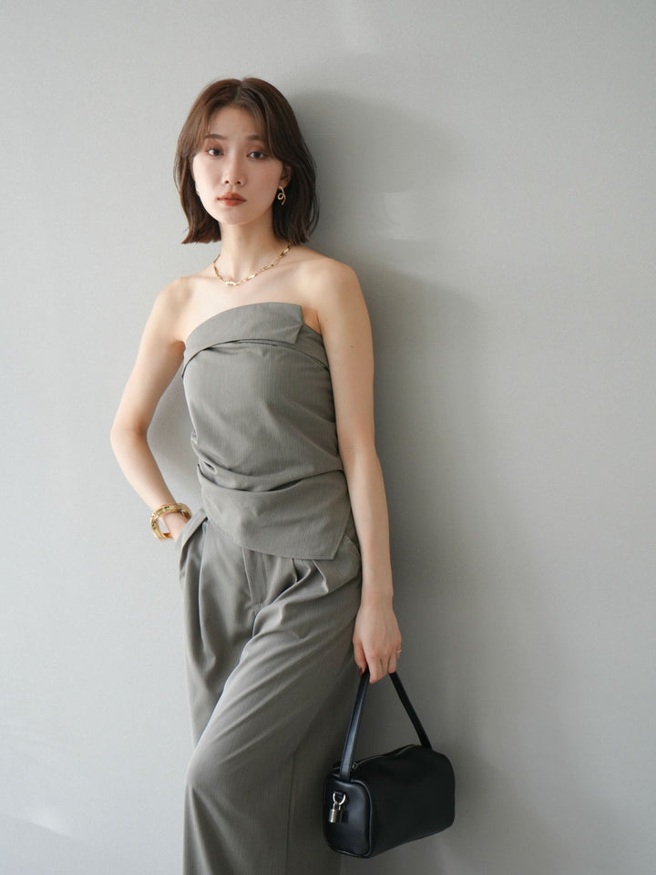 [SET] 條紋褶襉露肩上衣＆寬褲 SET UP (2set)