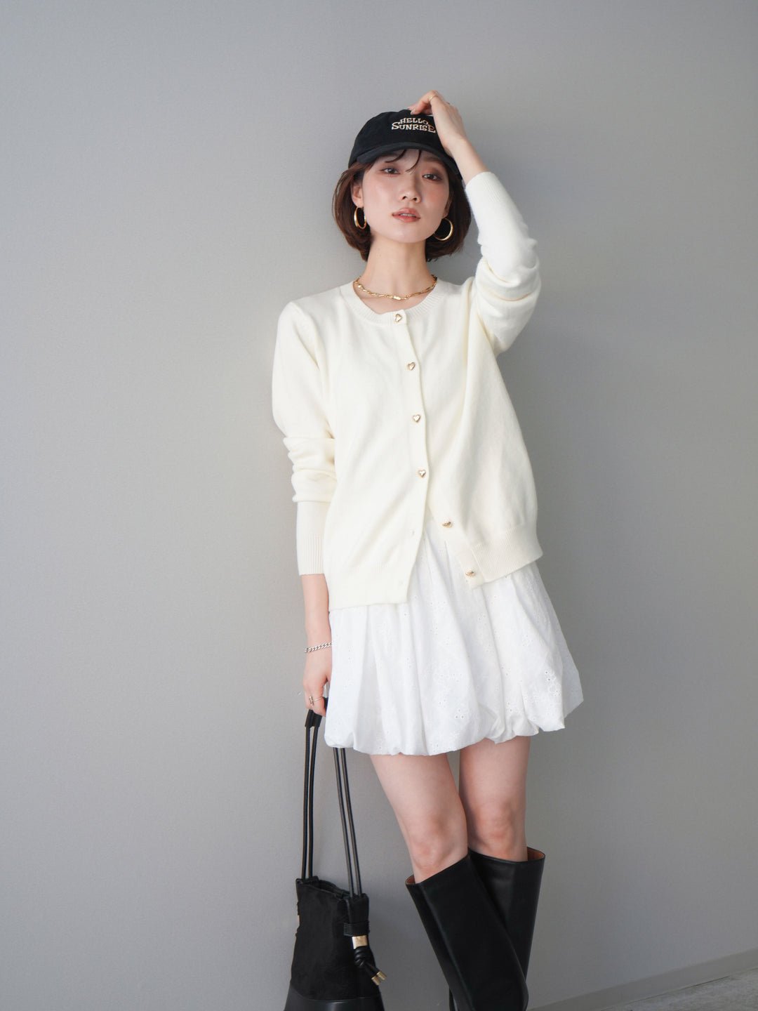 [SET]ハートボタンニットカーディガン+コットンライクレースバルーンミニスカート(2set)