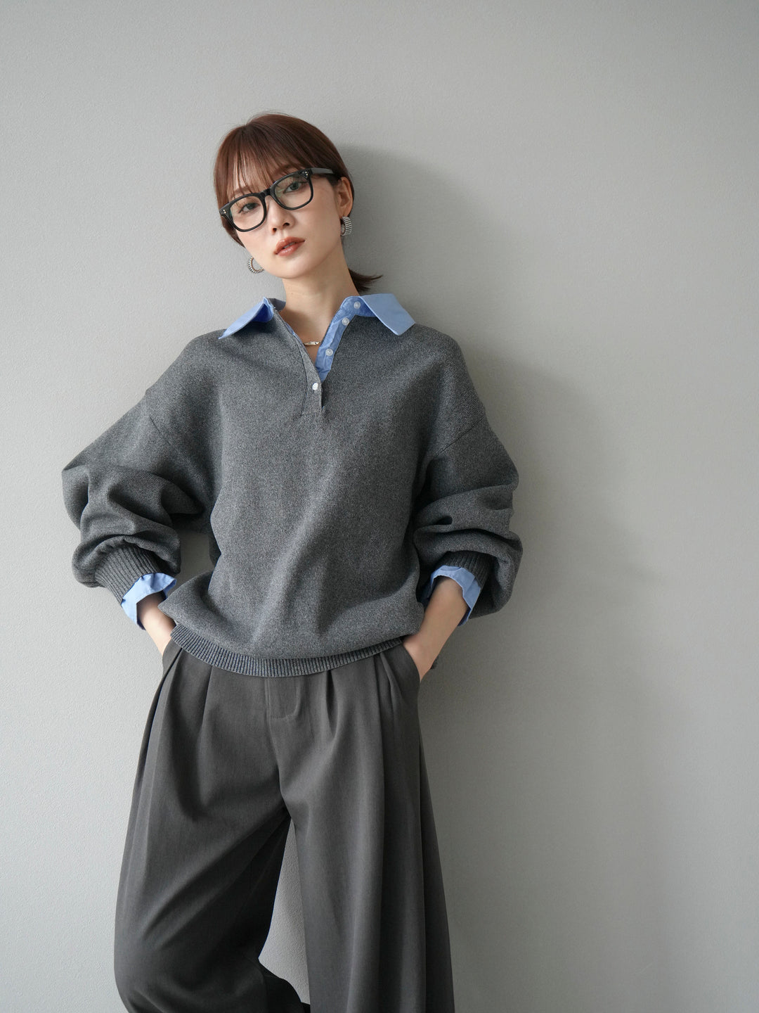 【SET】翻領polo針織套衫+雙褶闊腿褲（2件組）