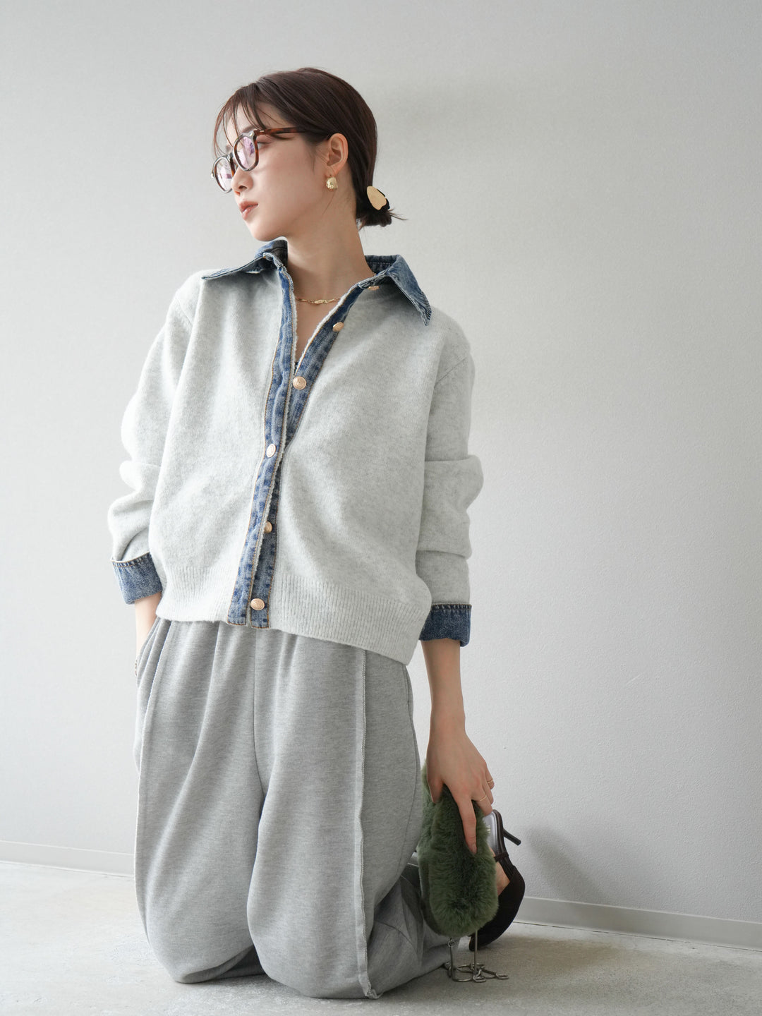 【着回しセット】[SET]デニム襟ボタンニットカーディガン+デニム襟ボタンニットカーディガン+2WAYデザインスウェットパンツ(3set)