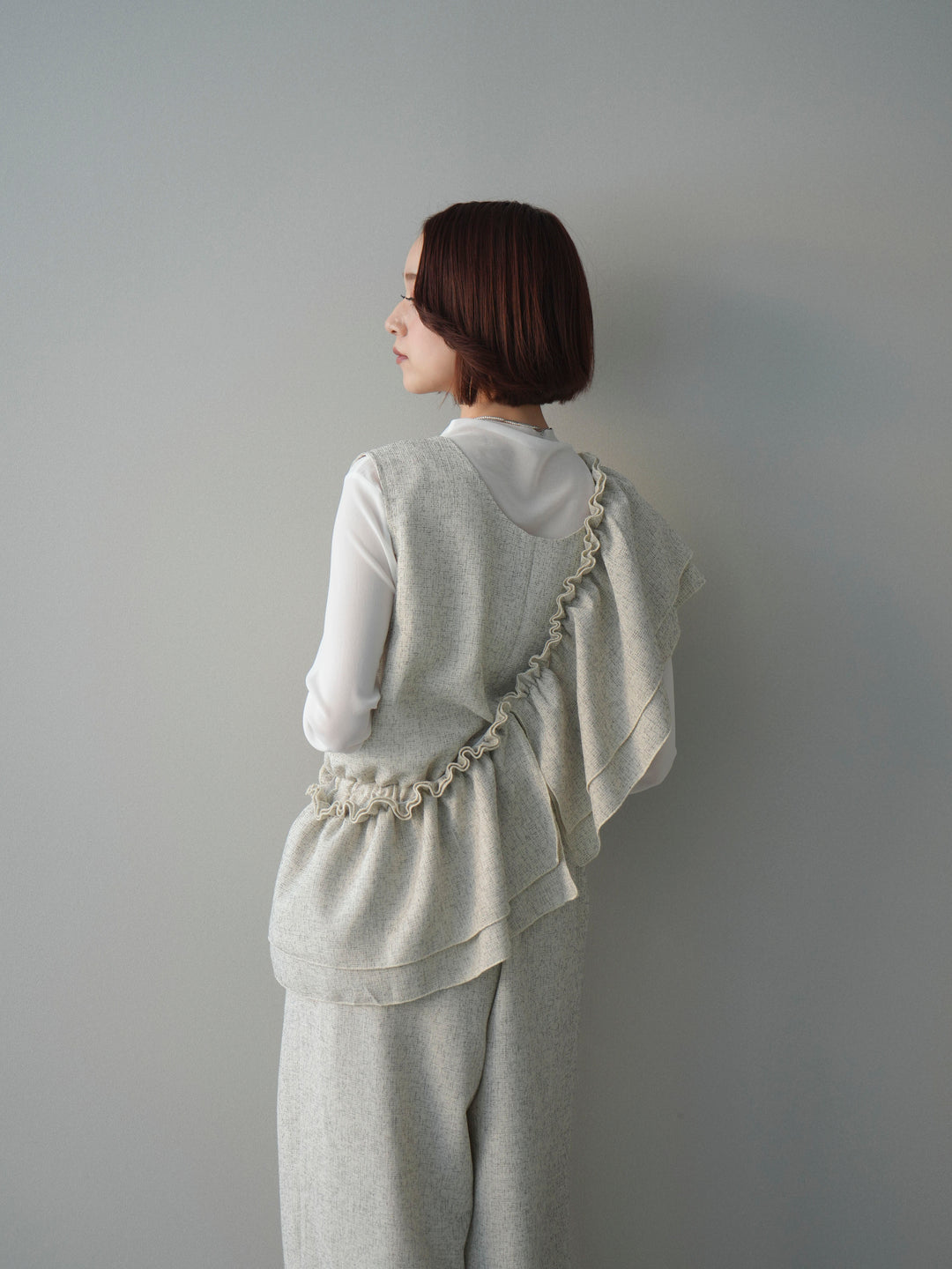 [SET]3WAYミックスツイードギャザーオールインワン+シアープチネックストレッチトップス(2set)