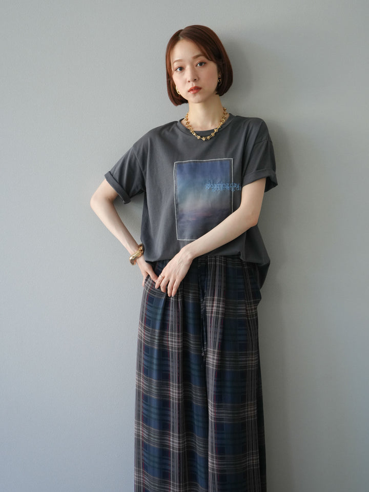 [SET] 薄紗層疊印花T卹 + 透視格紋寬鬆褲 (2件套)