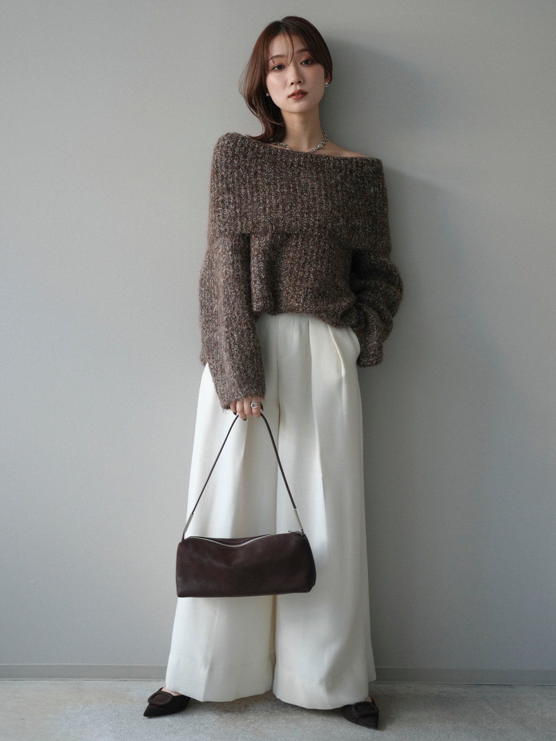 [予約]オフショルミックスニットプルオーバー/brown