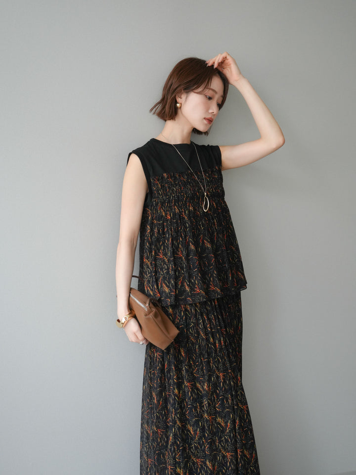 [予約]チュールプリントノースリーブトップス/black