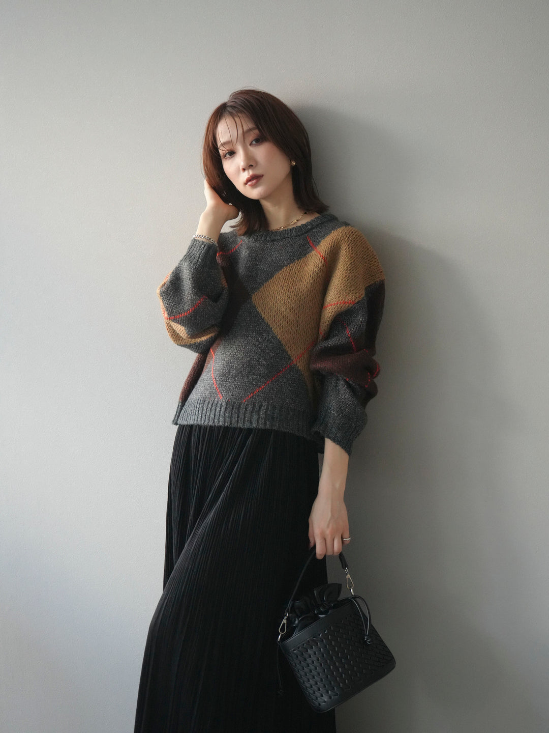 [SET]配色ステッチアーガイル柄ニットプルオーバー+選べるアクセセット(2set)