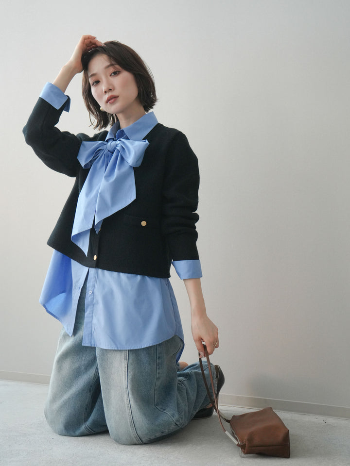 [SET]ゴールドボタンノーカラーニットジャケット+ガーメントウォッシュカーブデニムパンツ(2set)