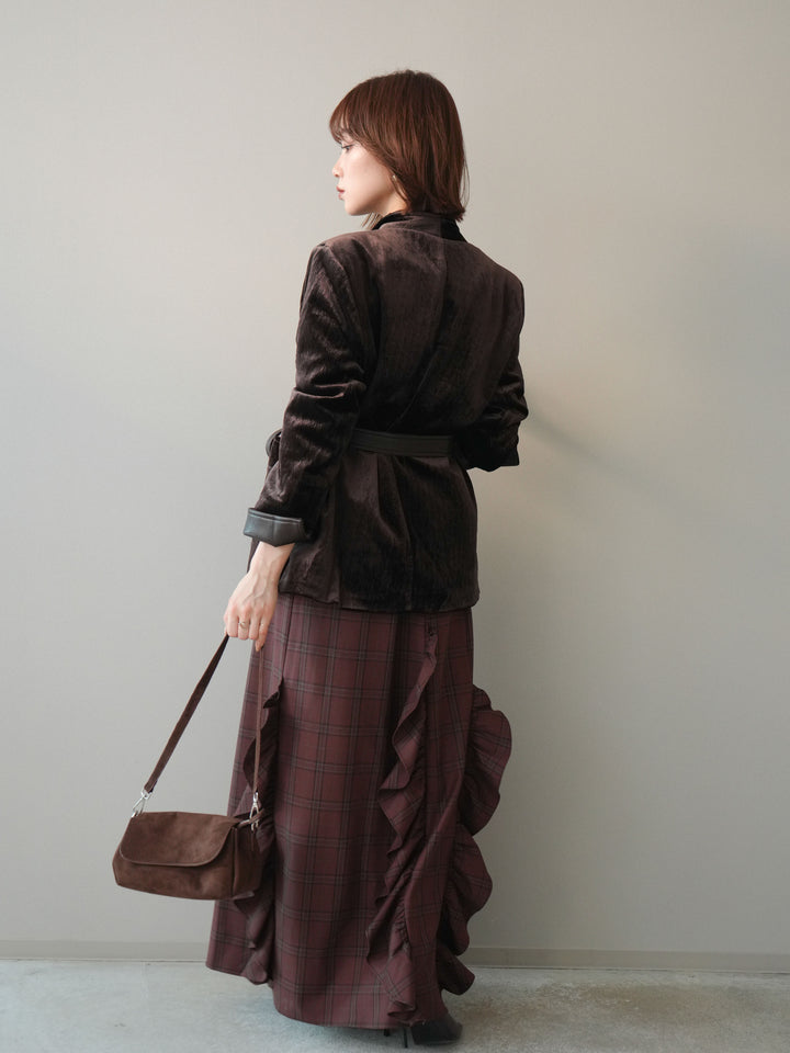 [SET]ベロアガウンジャケット+プチネックパワーショルダー起毛トップス+チェック柄フリルハイウエストマキシスカート(3set)