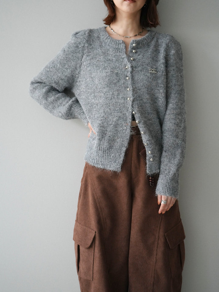 [予約]ブローチ付silverボタンミックスニットカーディガン/gray