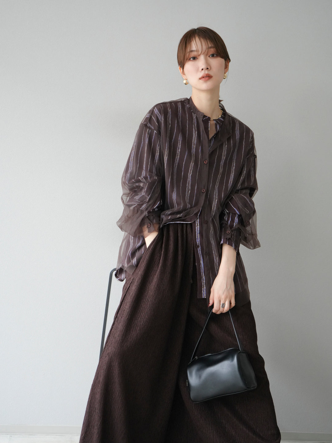 [予約]2WAYスリーブチュールシャツ/ブラウン