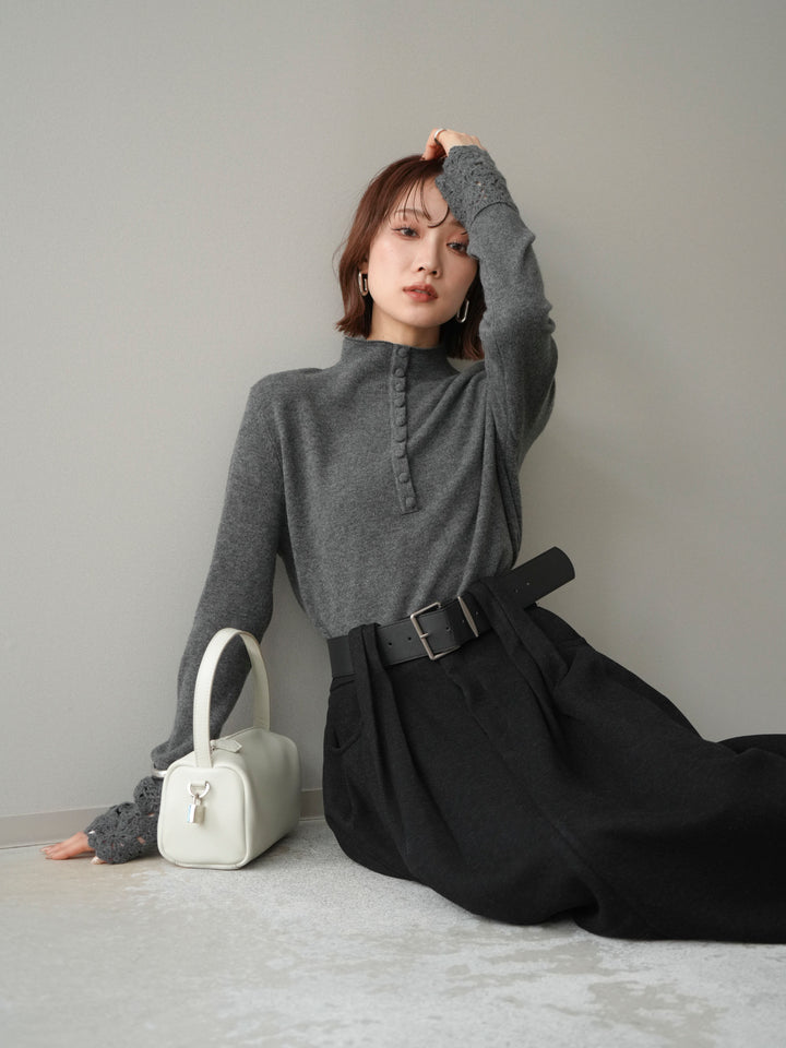 [予約]袖スカラップレースフロントボタンウールニットトップス/gray