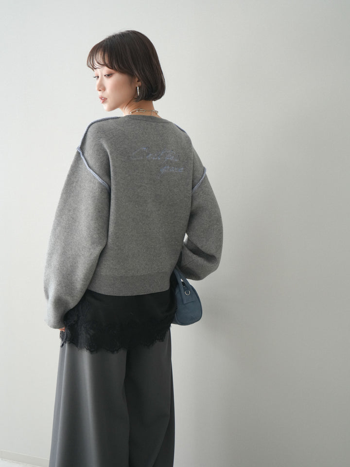[予約]バックロゴ刺繍配色ステッチニットプルオーバー/gray