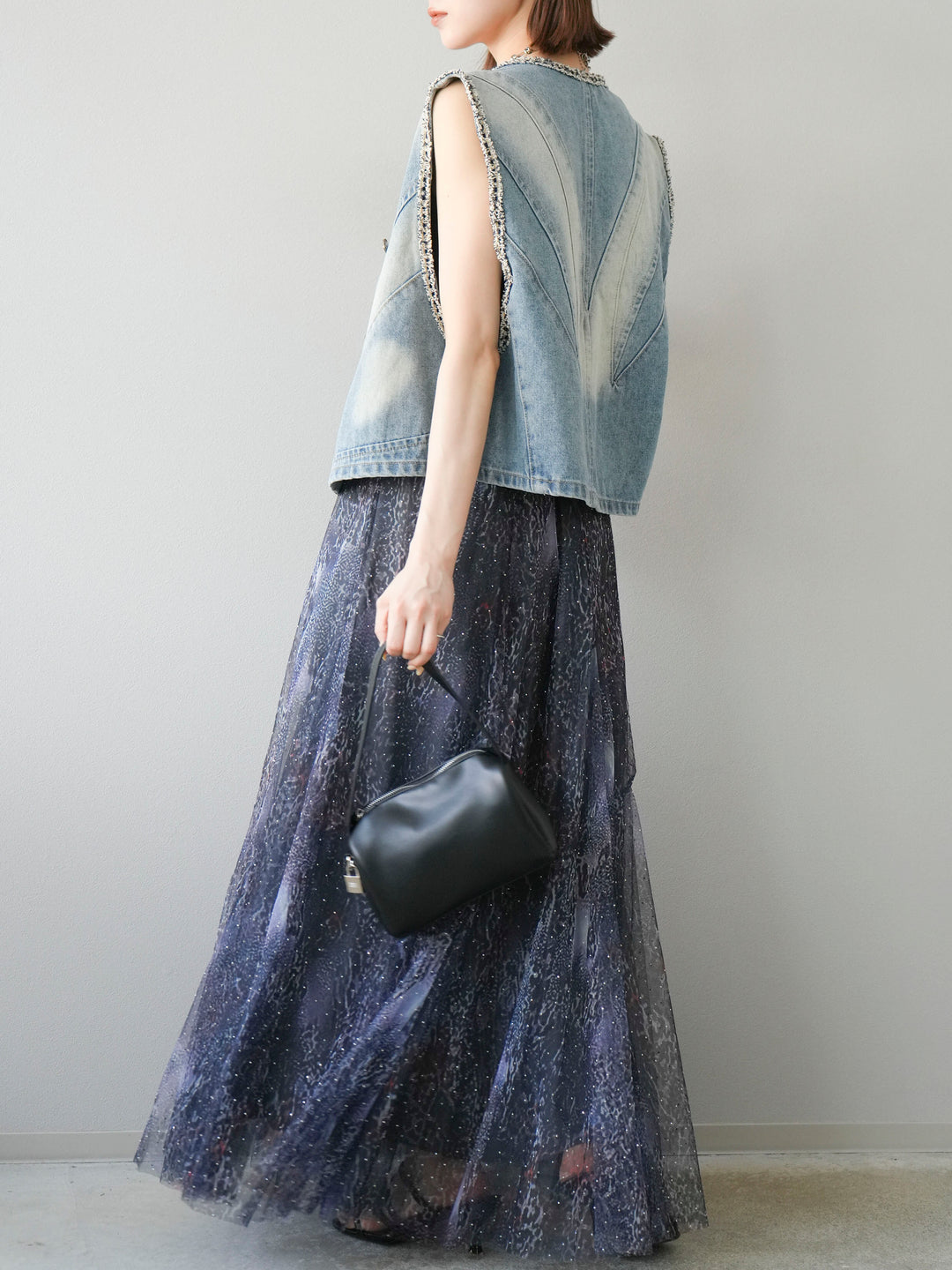 [予約]ニュアンス柄チュールレイヤードプリーツスカート/ネイビー