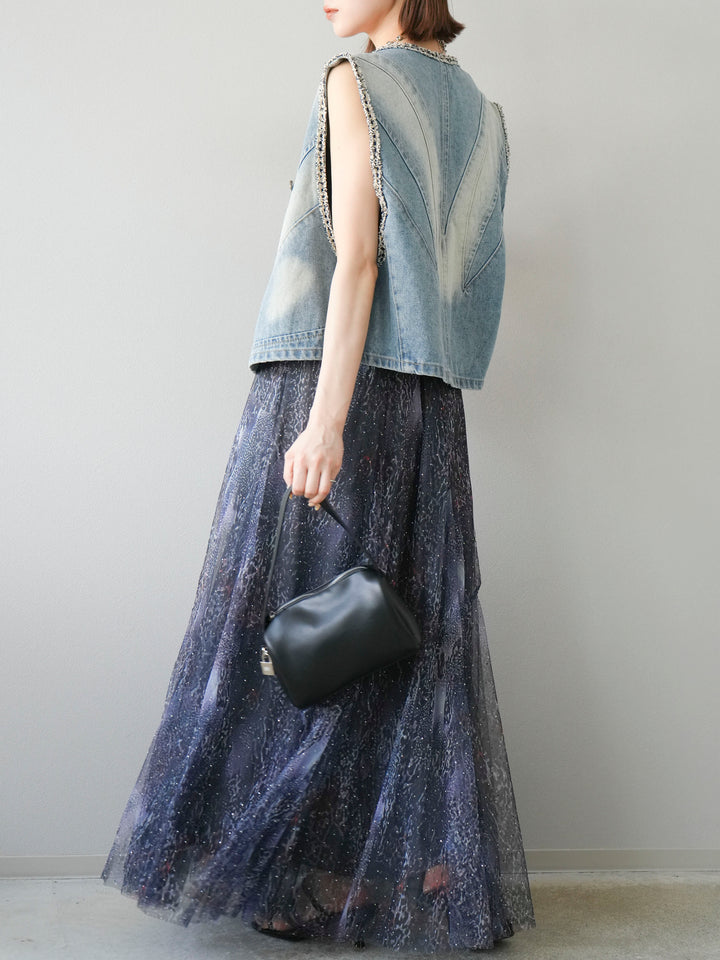 [予約]ニュアンス柄チュールレイヤードプリーツスカート/ネイビー