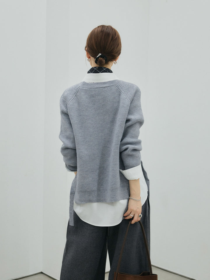 [予約]サイドスリット畦編みニットプルオーバーシャツアンサンブル/gray