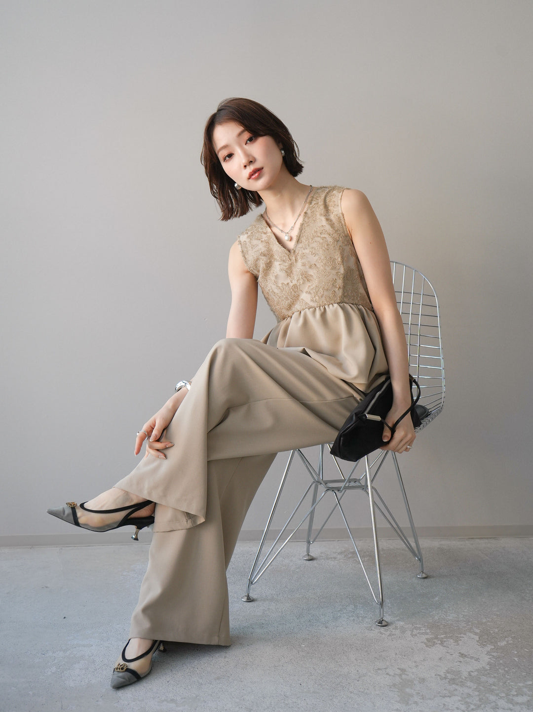 [予約]ジャガードレースぺプラムドッキングサロペット/beige