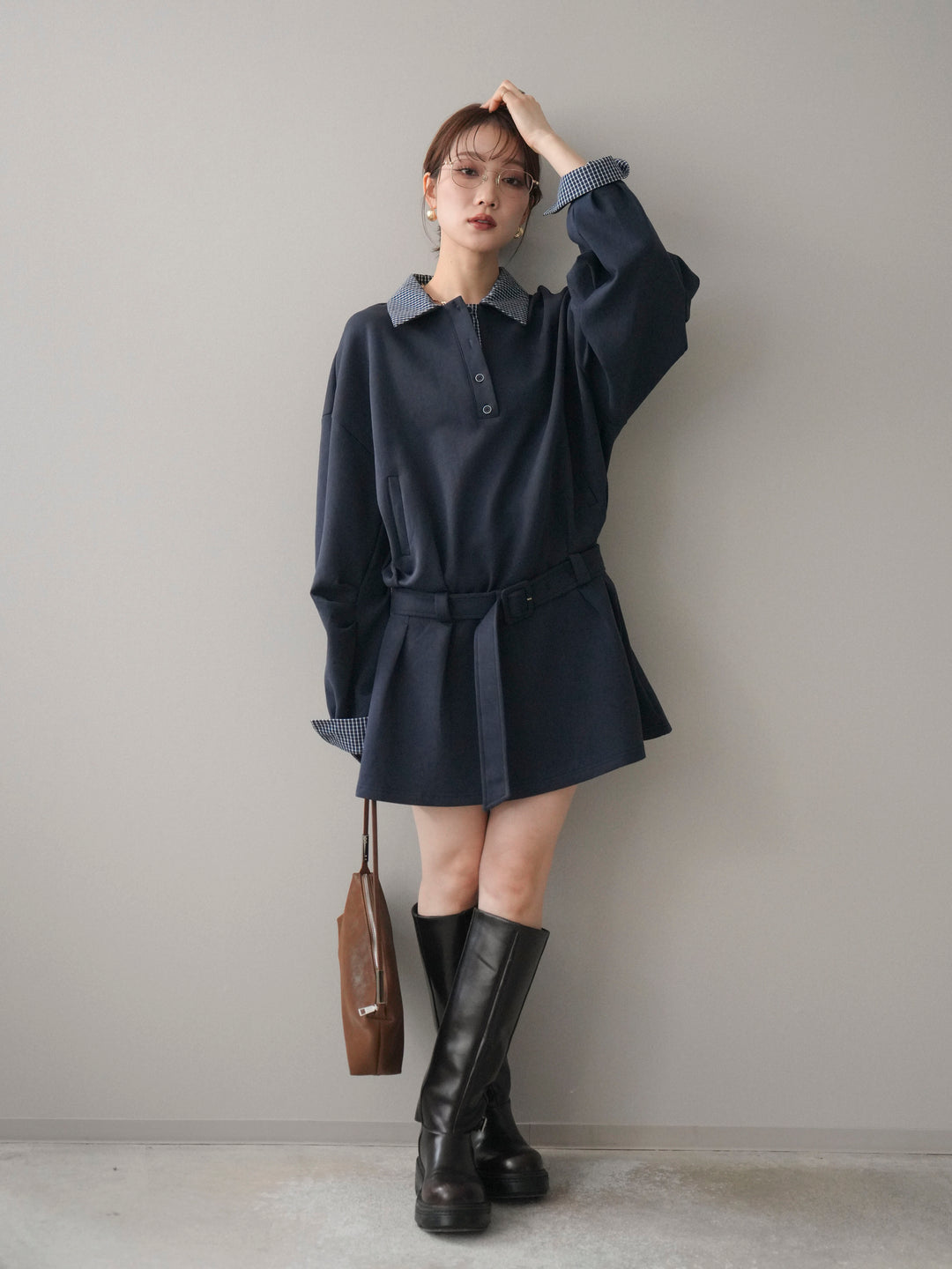 [予約]チェック襟xスエットミニワンピース/blue