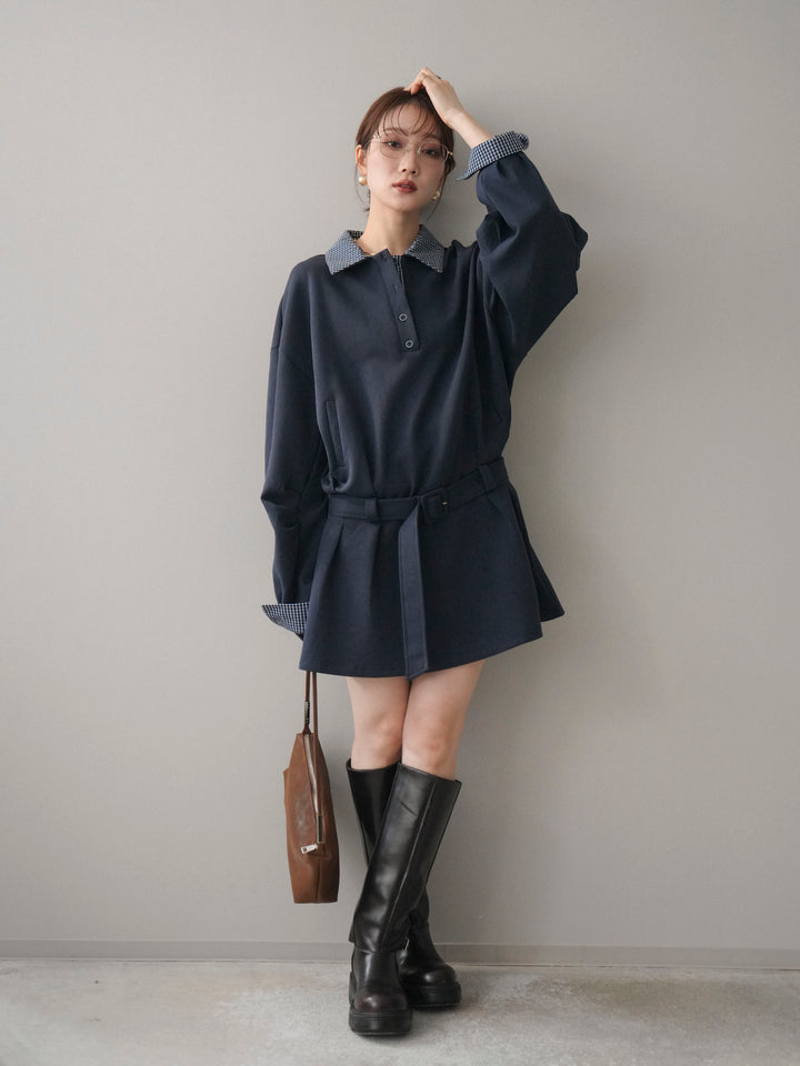 [予約]チェック襟xスエットミニワンピース/blue