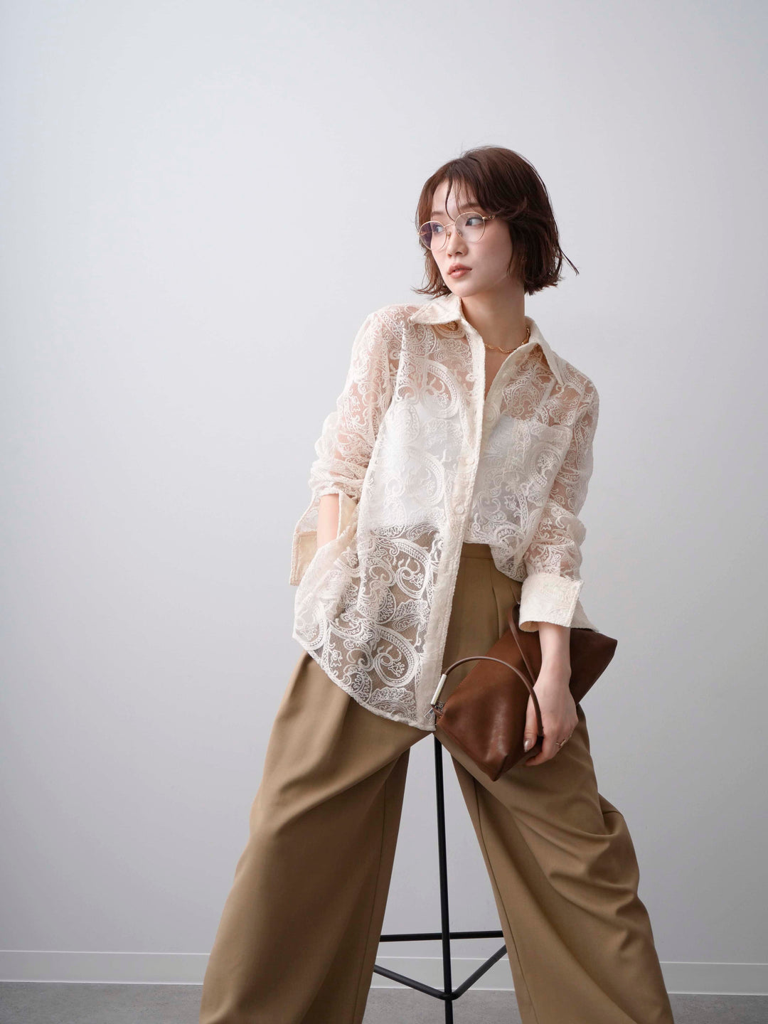 [SET]シアーペイズリー刺繍長袖ブラウス+カップ付テレコリブベアキャミソール+クレープデシンタックワイドパンツ(3set)