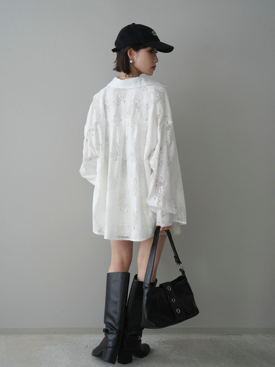 【套裝】提花蕾絲罩衫+繫帶工裝迷你裙（兩件套）