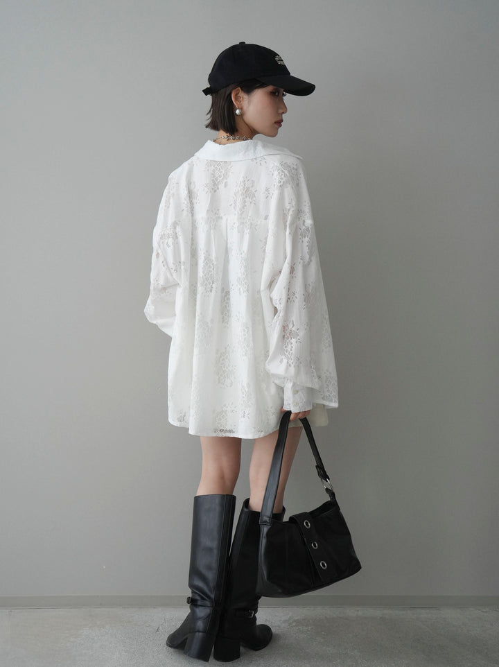 【套裝】提花蕾絲罩衫+繫帶工裝迷你裙（兩件套）