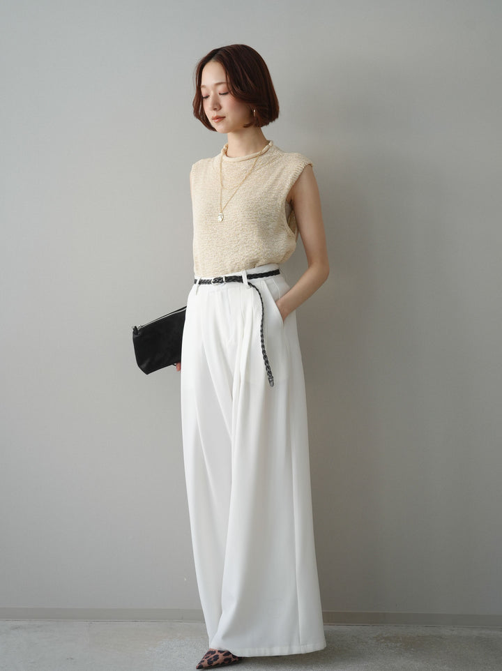 [予約]編み込みベルト付タックワイドパンツ/white