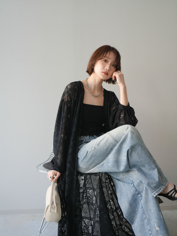 【預購】薄紗蕾絲長裙 / 黑色