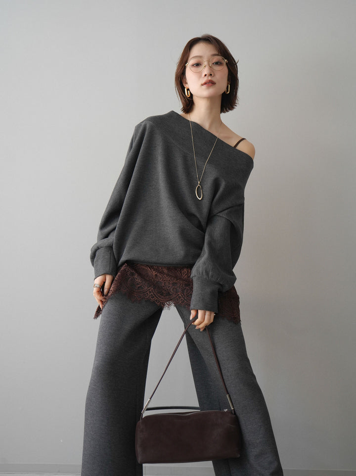 [SET]アシンメトリーオフショルポンチプルオーバー+レーストリムキャミソール+イージーポンチワイドパンツ(3set)