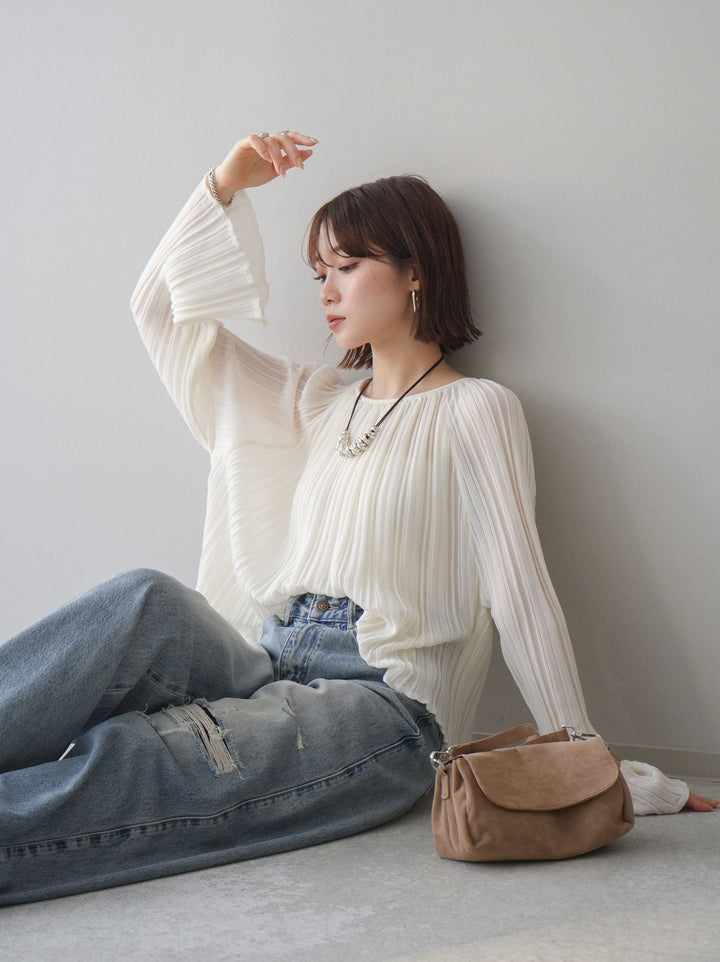 [SET]プリーツシアーフレアスリーブニットトップス+プリーツシアーフレアスリーブニットトップス(2set)