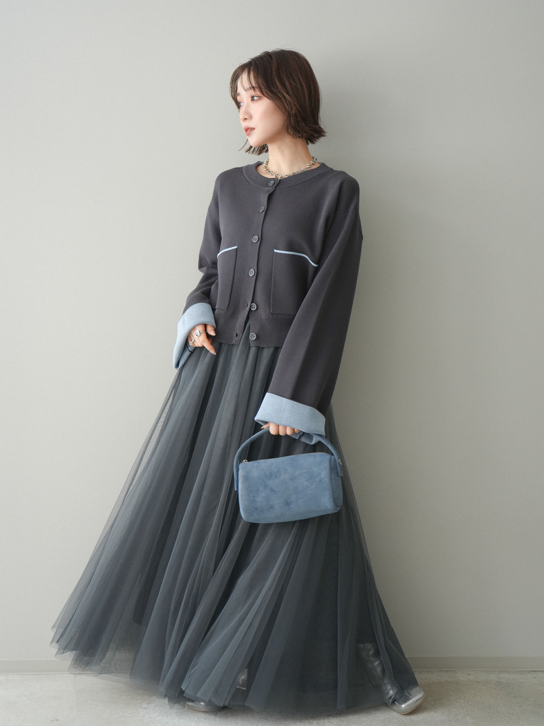 [SET]レーヨンポリダブルフェイスニットカーディガン+チュールボリュームスカート(2set)