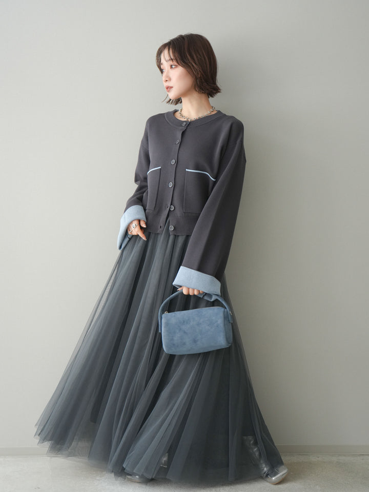 [SET]レーヨンポリダブルフェイスニットカーディガン+チュールボリュームスカート(2set)