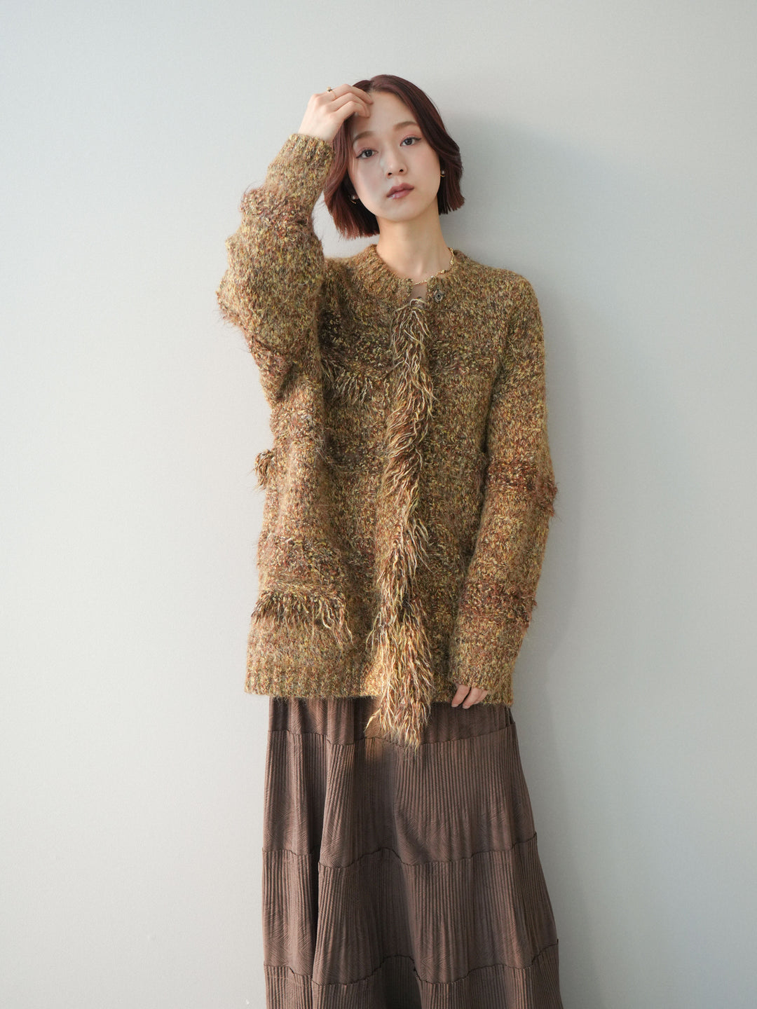 [SET]ミックスヤーンフリンジデザインニットジャケット+型押しスエードティアードプリーツスカート(2set)