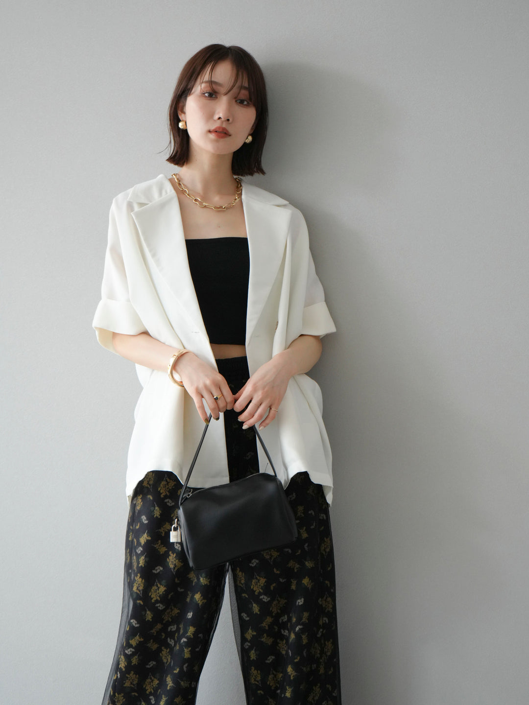 [SET]リネンライクハーフテーラードジャケット+コード刺繍チュールレイヤードパンツ(2set)