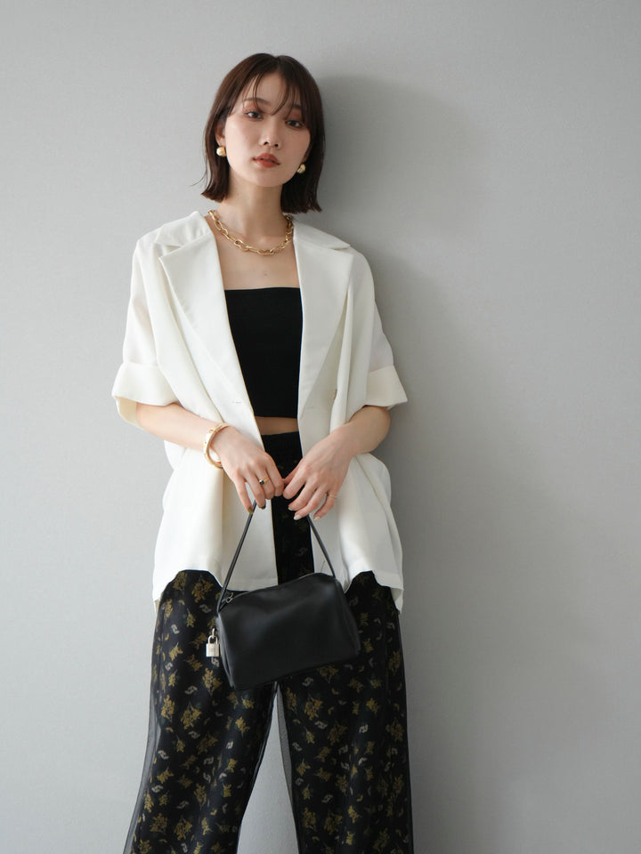 [SET]リネンライクハーフテーラードジャケット+コード刺繍チュールレイヤードパンツ(2set)