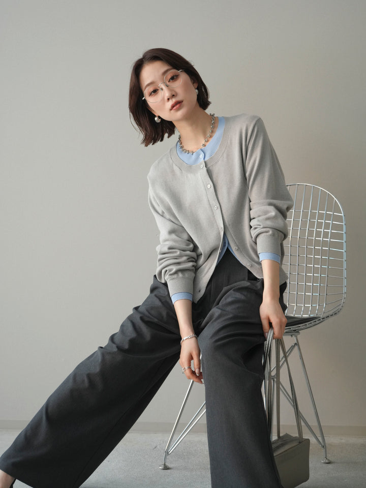 [予約]配色レイヤードコットンアクリルニットカーディガン/mokugray