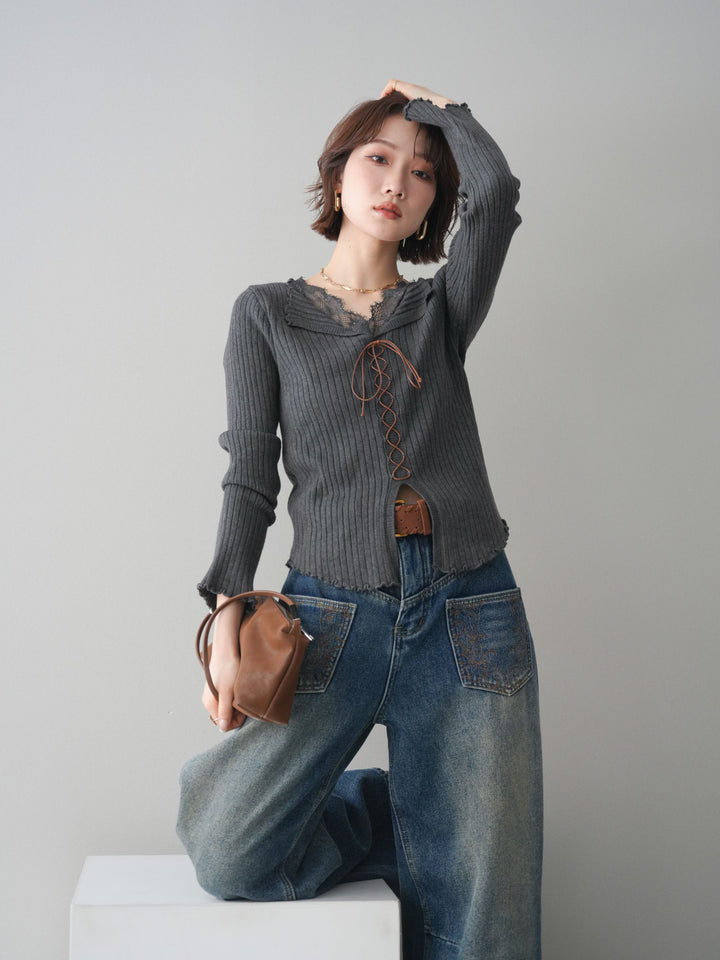 [予約]レースネックレースアップリブニットトップス/gray
