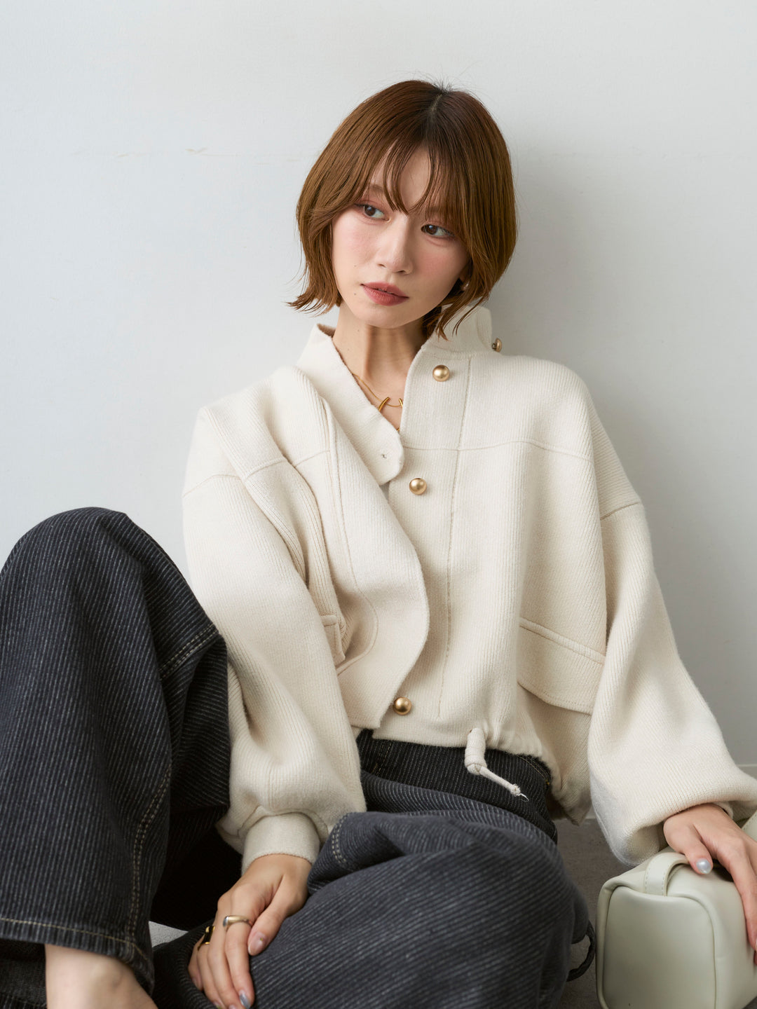 [SET]ゴールドボタンニットショートジャケット+ヒッコリーカーブデニム(2set)