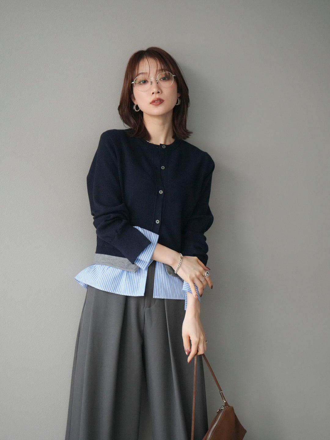 [予約]シャツ襟レイヤードニットカーディガン/navy