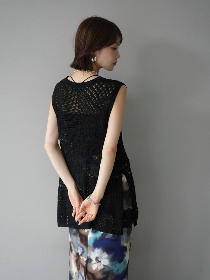 [Pre-order] Openwork side slit knit top/black