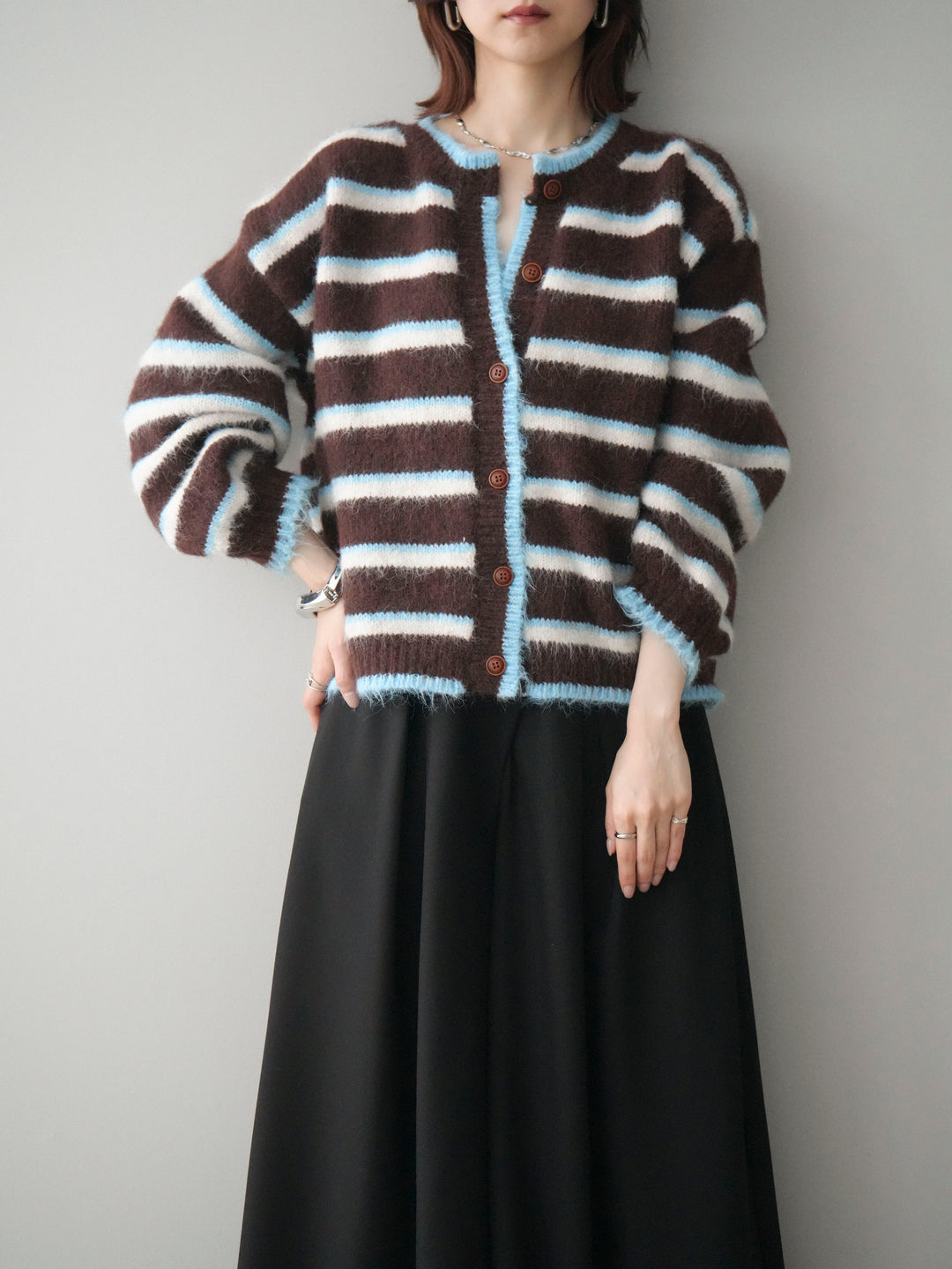 [SET]ウールタッチ配色ボーダーニットカーディガン+テープベルトタックバギーパンツ(2set)