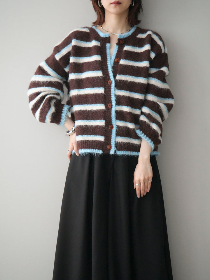 [SET]ウールタッチ配色ボーダーニットカーディガン+テープベルトタックバギーパンツ(2set)